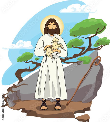 Peaceful Protector Dressed In White Tenderly Holds Lamb On Rugged Cliffside Surrounded By Trees And Sky