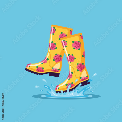 Colorful vector art of yellow floral rain boots splashing water with motion on bright blue background playful illustration