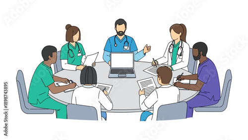 Medical Team Meeting: A collaborative gathering of healthcare professionals, dressed in their uniforms, intently discussing patient cases around a circular table.