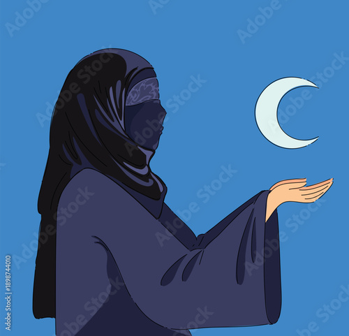 Enigmatic Figure Under Moonlight. Dark Silhouette Featuring Crescent Moon Against Serene Evening Sky