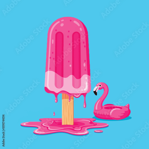 Bright colorful vector art of melting pink popsicle with dripping juice next to inflatable flamingo pool float on blue background