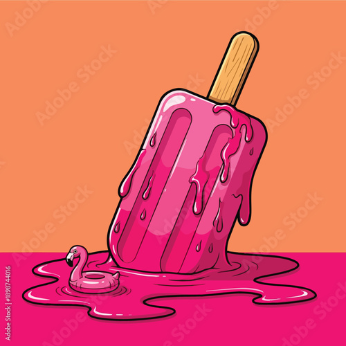 Colorful melting pink popsicle with wooden stick on vibrant flat background with floating flamingo pool toy