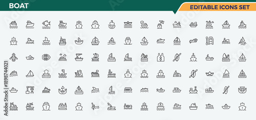 Set of Boat line icon. Containing nautical, vessel, transportation, ship, maritime, shipping and more. Vector icons collection. Nautical icon set. Editable vector illustration.