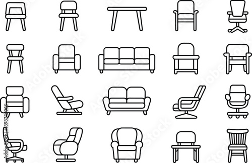 Modern furniture chair icons collection, minimalist line art set showing chairs, armchairs, stools, sofas and office seating, vector symbols