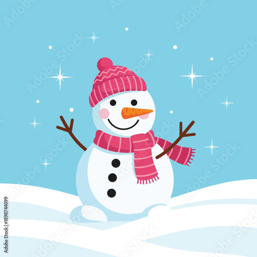 Colorful illustration of smiling snowman wearing pink hat and scarf standing on snowy landscape with sparkling blue sky background