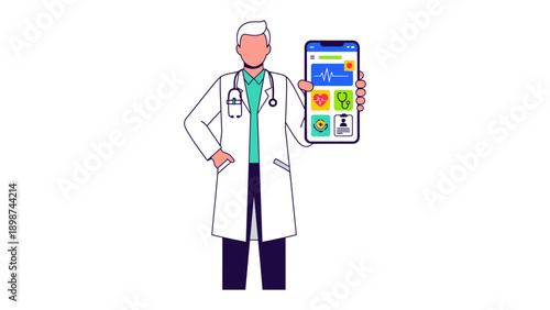 Telemedicine in Focus: A doctor, embodying medical expertise, showcases a phone displaying the latest in healthcare technology and accessible medical solutions.