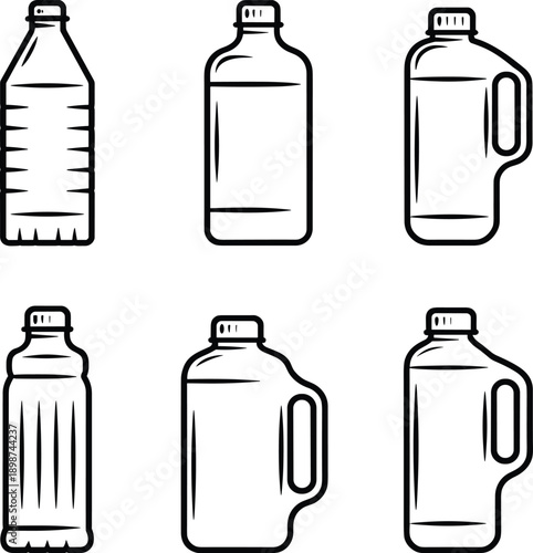 Plastic bottle outline icons set with water juice detergent containers isolated on white background for packaging branding design projects commercial