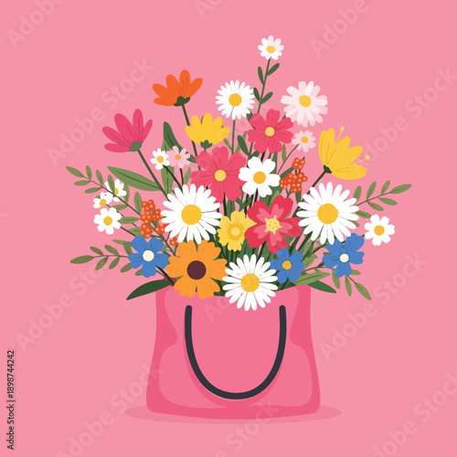 Colorful flat design bouquet of daisies and wildflowers in pink shopping bag on soft pink background