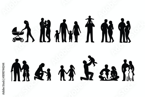 diverse family silhouettes with children and strollers