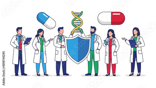 Healthcare Team Safeguarding: A dedicated team of medical professionals united in the protection of health, with DNA and pill motifs, representing strength and the advancement of medical science.