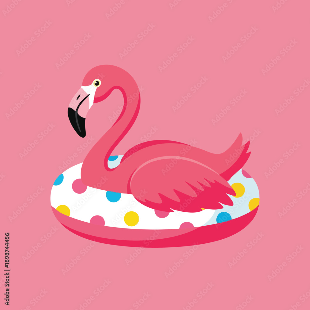 Fototapeta premium Colorful flat design side view of pink flamingo sitting inside dotted inflatable pool float with playful mood