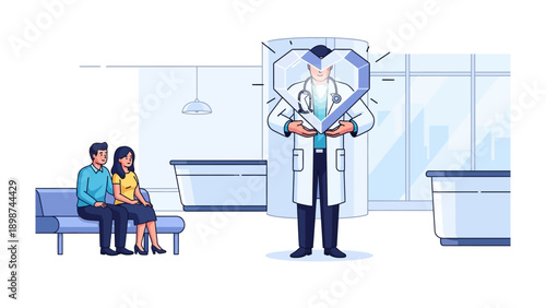 Healthcare illustration: A doctor in white coat stands with a loving heart in front of a couple who sitting on a seat, symbolizing the medical profession's dedication to patient well-being, care.