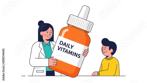 Daily Vitamins: A health professional presents a bottle of daily vitamins to a patient, symbolizing wellness and proactive healthcare.
