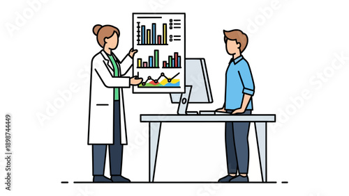 Science Insights: An illustrated scene of a scientist presenting data to a colleague in a laboratory. Showcasing scientific collaboration and data analysis.