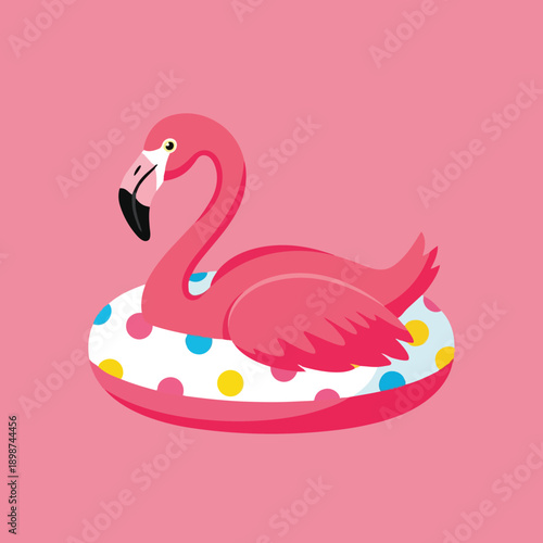 Colorful flat design side view of pink flamingo sitting inside dotted inflatable pool float with playful mood
