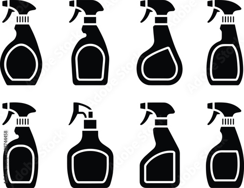 Spray bottle silhouette icon set, trigger cleaner containers, household cleaning products, disinfectant and sanitizer bottles, black vector illustrations