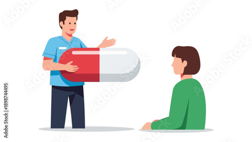 Medical Consultation: A healthcare professional presents a large capsule to a patient, symbolizing medical advice and treatment. 