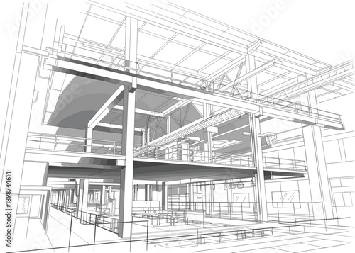 Industrial building interior with exposed beams and catwalks architecture engineering