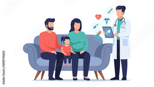 Medical Consultation: A Family's Health Journey: A family engaging in a medical consultation with a healthcare professional, the scene evokes trust and well-being. Focusing on health, care.