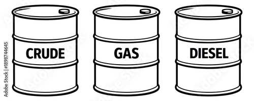 Line art oil drum set featuring crude, gas, and diesel for fuel and energy concepts
