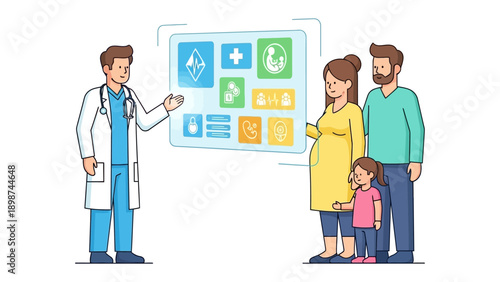 Medical Consultation: A dedicated doctor engages in a thorough consultation with a family, with a pregnant woman and a child, providing insightful information on health and wellness.