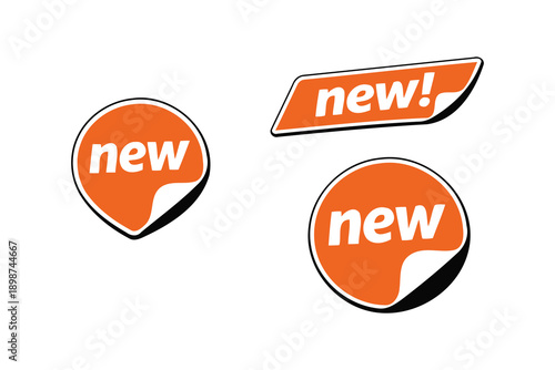 orange 'new!' badges and stickers for product launch