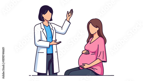 Prenatal Consultation: A healthcare professional advising a pregnant woman in a serene clinic, symbolizing care and guidance during motherhood.