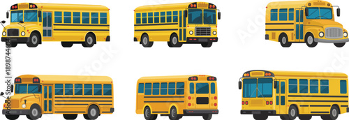 Yellow school bus vector collection, multiple angles and designs, student transportation vehicles, education commute icons, detailed cartoon style illustrations set