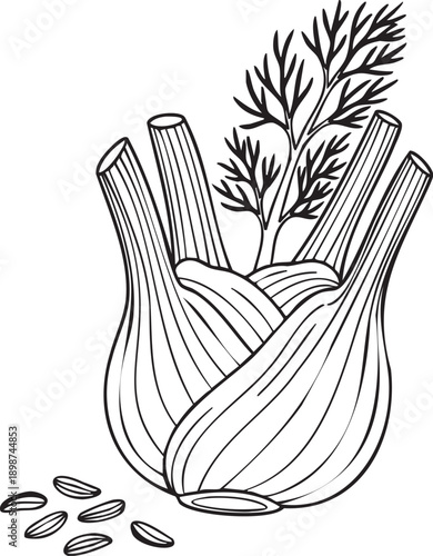 Illustration of garlic bulb with sprouting green tops and scattered seeds nearby