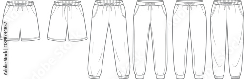 Line of various styles of sweatpants and shorts athletic wear clothing fashion