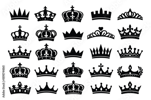 assortment of crown silhouettes: black icons for royal themes