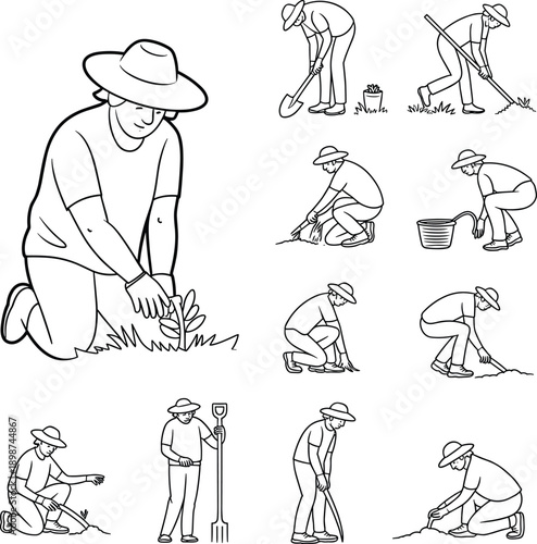 Man planting and gardening with various actions and tools shovel bucket