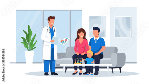 Family Health Consultation: A dedicated doctor engages in a health consultation with a family in a modern clinic environment, discussing the details in a supportive manner.