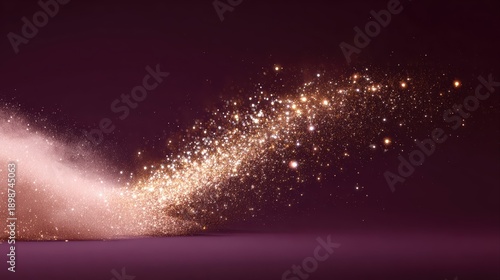 Golden glitter particles burst in a magical, abstract swirl. This shimmering background exudes elegance and festive celebration.