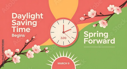 Daylight saving time begins on March 9th, spring forward event with clock and blooming cherry blossoms on pink and green background