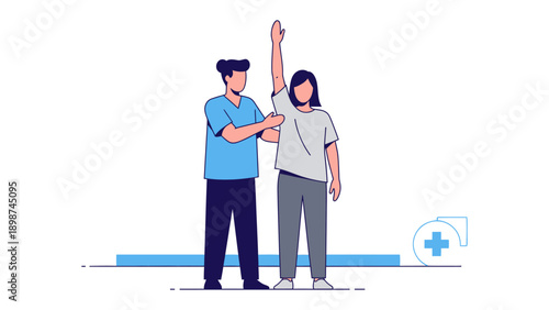 Physical Therapy Session: A physiotherapist guides a patient through an exercise, focused on shoulder movement and rehabilitation within a clinical setting.