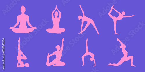 Vibrant Collection of Woman Yoga Silhouette Poses Set