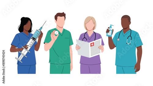 Healthcare Heroes: A diverse group of dedicated healthcare professionals, each holding essential medical tools, stands ready to provide care and support.