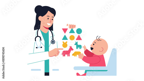 Child Development Checkup: A nurturing physician guides a curious infant through a playful learning session, engaging with colorful shapes, in a scene that evokes care and early education.
