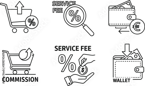 Modern financial transaction and e-commerce line icons set, illustrating online shopping, payment processing, service fees, commissions, and digital wallet concepts