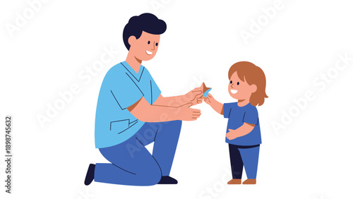 Kindred Exchange: An illustration capturing a moment of care, showing an adult passing a butterfly to a child. The interaction evokes a sense of tenderness and the beauty of sharing.