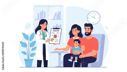 Family Health Consultation: A doctor discusses a healthy lifestyle plan with a family, promoting wellness and preventative care in a comforting environment.