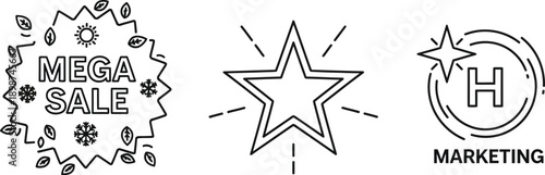 Illustrative vector icons for promotional campaigns and brand identity, showcasing a 'Mega Sale' banner, a sparkling star, and a marketing company emblem