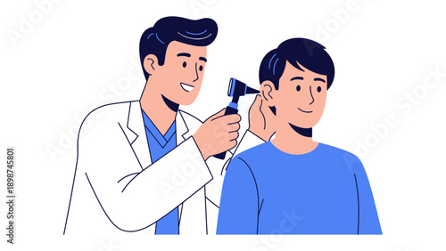 Medical Checkup: A professional doctor using an otoscope to examine a patient's ear, depicting a routine medical examination. 