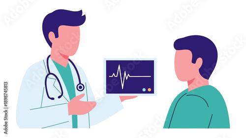 Doctor Analyzing Heartbeat: A dedicated medical professional discusses a patient's health, examining an image of a heartbeat on a digital device