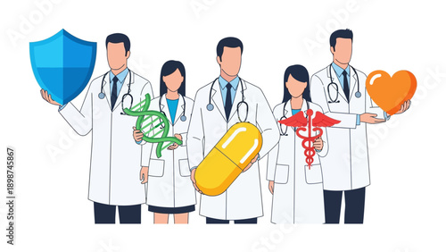 Medical Professionals: a graphic of a medical team, each holding symbols of health, representing comprehensive care and dedication to well-being.
