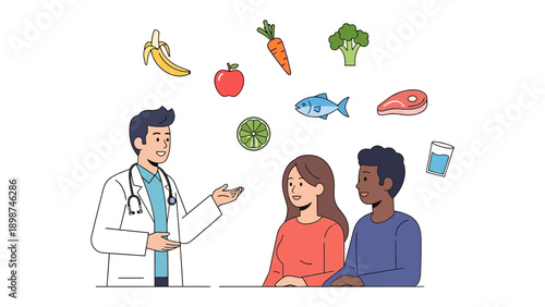 Dietary Consultation: A doctor is advising a couple about a well-balanced diet filled with fresh produce and protein, promoting a healthy lifestyle.