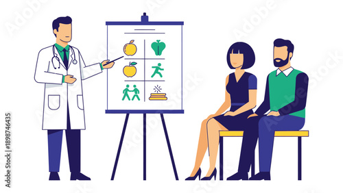 Health Consultation: A medical professional gives nutrition advice and healthy lifestyle tips to a couple, presenting an informative visual aid with fruits, vegetables, and lifestyle icons.