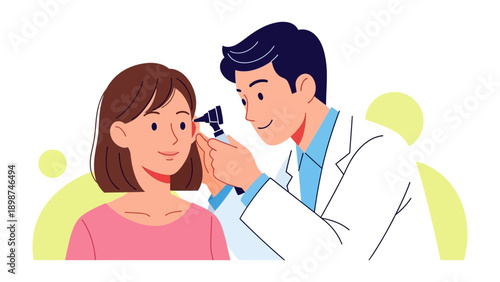 Medical Consultation: A detailed illustration showing a medical doctor examines a patient's ear, conveying a sense of care and health care.