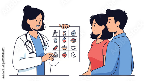 Dietary Guidance for Couple: A medical professional offers dietary advice to a couple, presenting a visual guide filled with nutritious food options and healthy habits.